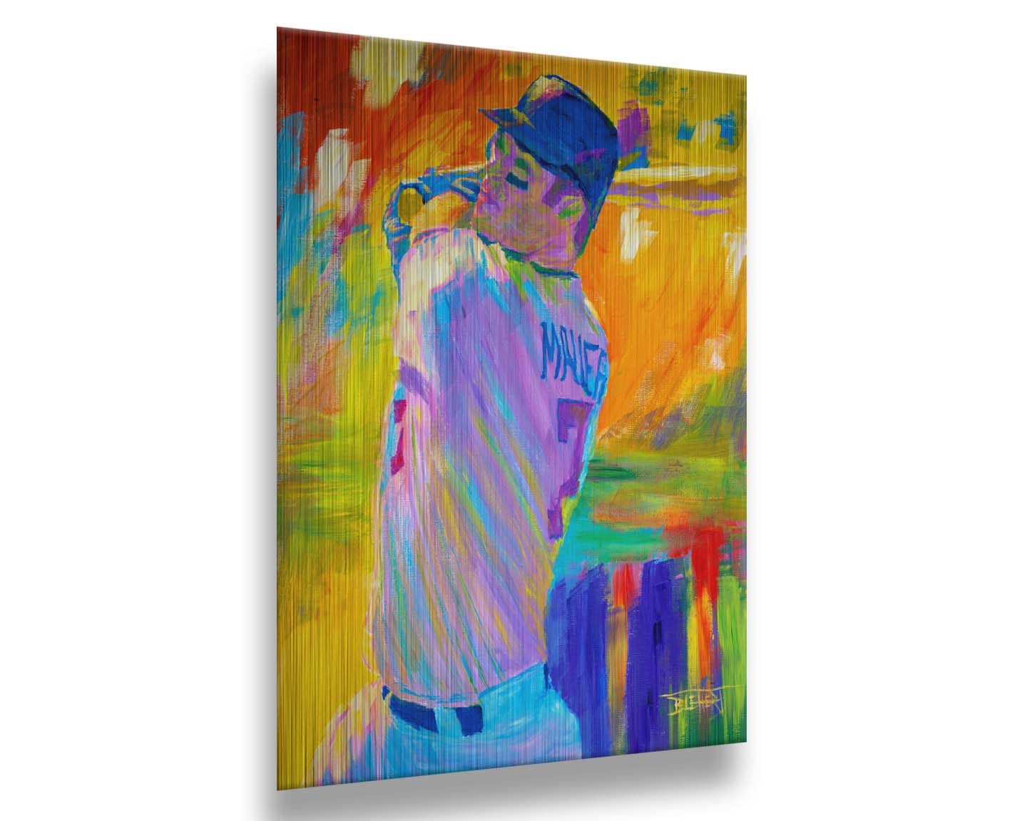 A painting of Minnesota Twins baseball player Joe Mauer up to bat, set against a colorful abstract background. Printed on metal.