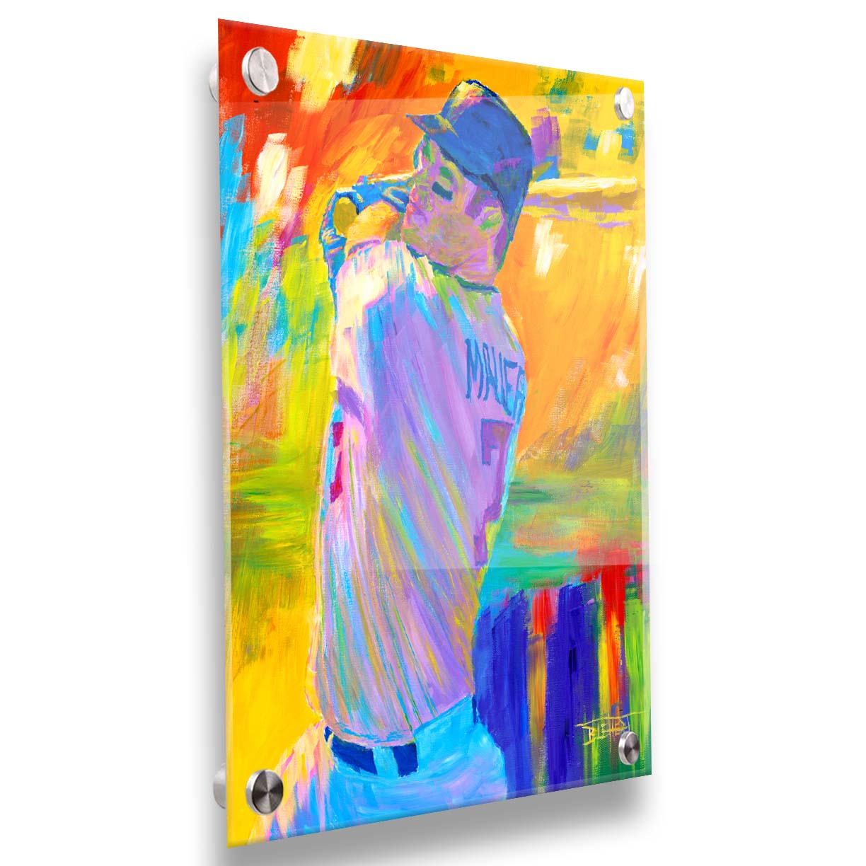 A painting of Minnesota Twins baseball player Joe Mauer up to bat, set against a colorful abstract background. Printed on acrylic.