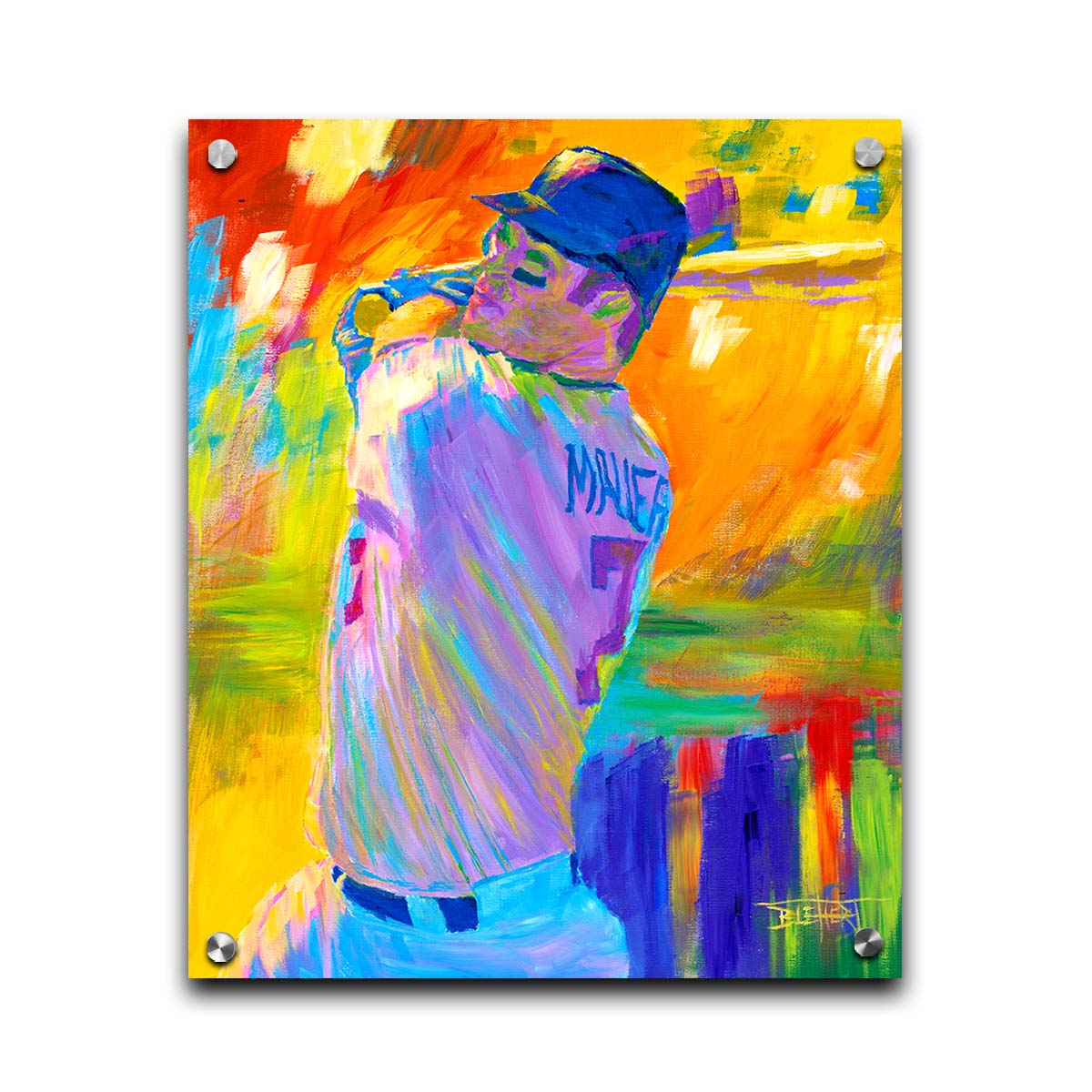 A painting of Minnesota Twins baseball player Joe Mauer up to bat, set against a colorful abstract background. Printed on acrylic.