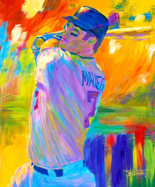 A painting of Minnesota Twins baseball player Joe Mauer up to bat, set against a colorful abstract background.
