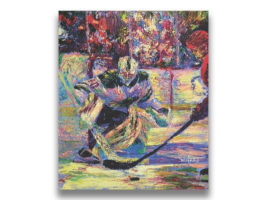 A portrait of Minnesota Wild hockey goaltender Devan Dubnyk during a game, expertly guarding the goal from an opposing team member. Printed on canvas.