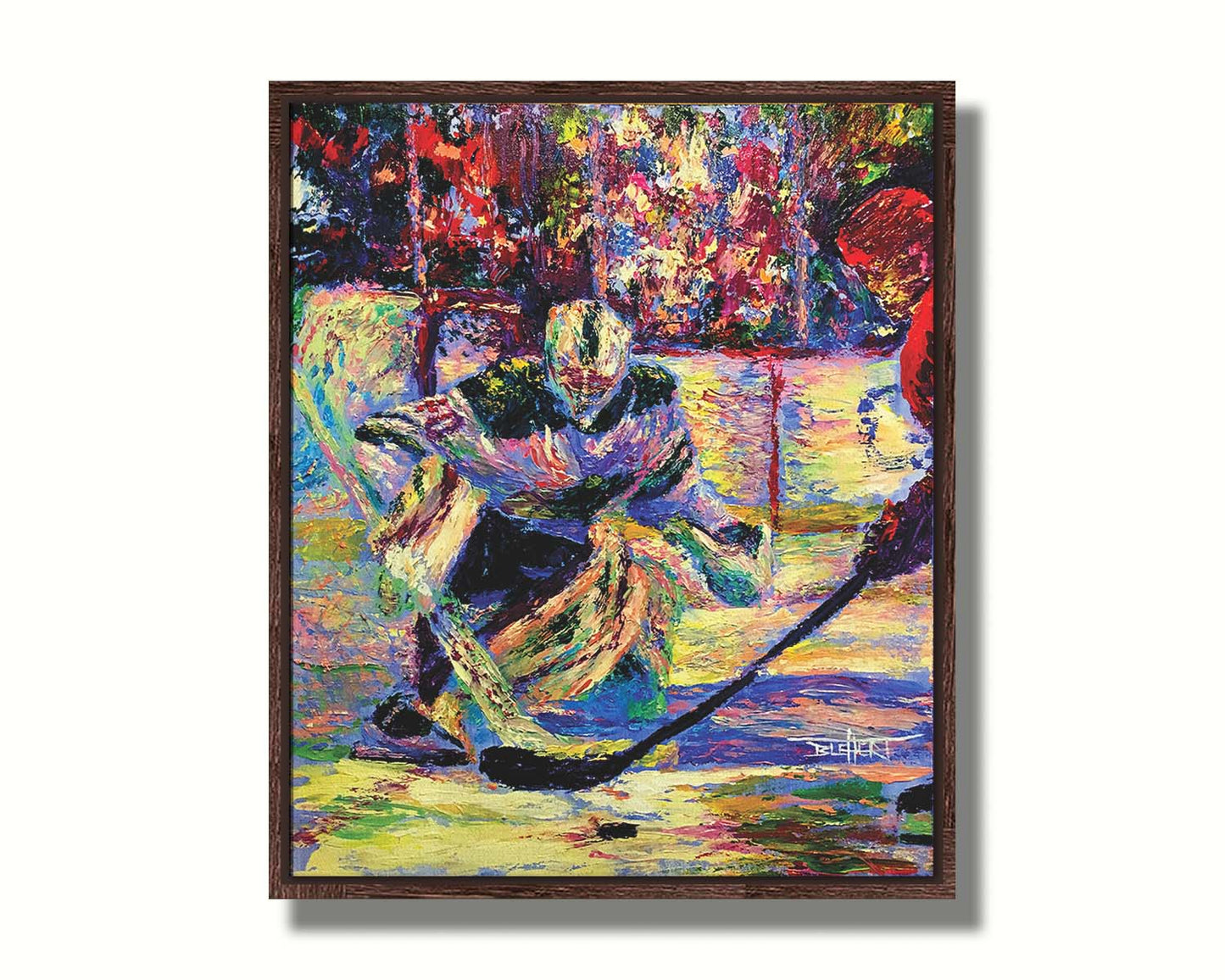 A portrait of Minnesota Wild hockey goaltender Devan Dubnyk during a game, expertly guarding the goal from an opposing team member. Printed on canvas in a float frame.