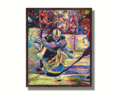 A portrait of Minnesota Wild hockey goaltender Devan Dubnyk during a game, expertly guarding the goal from an opposing team member. Printed on canvas in a float frame.