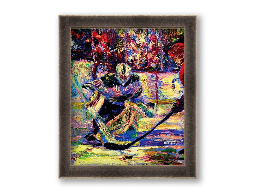 A portrait of Minnesota Wild hockey goaltender Devan Dubnyk during a game, expertly guarding the goal from an opposing team member. Printed on canvas and framed.