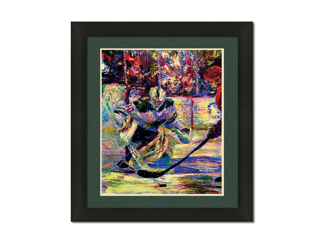 A portrait of Minnesota Wild hockey goaltender Devan Dubnyk during a game, expertly guarding the goal from an opposing team member. Printed on paper, matted, and framed.