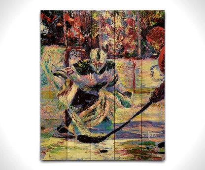 A portrait of Minnesota Wild hockey goaltender Devan Dubnyk during a game, expertly guarding the goal from an opposing team member. Printed on a wood pallet.