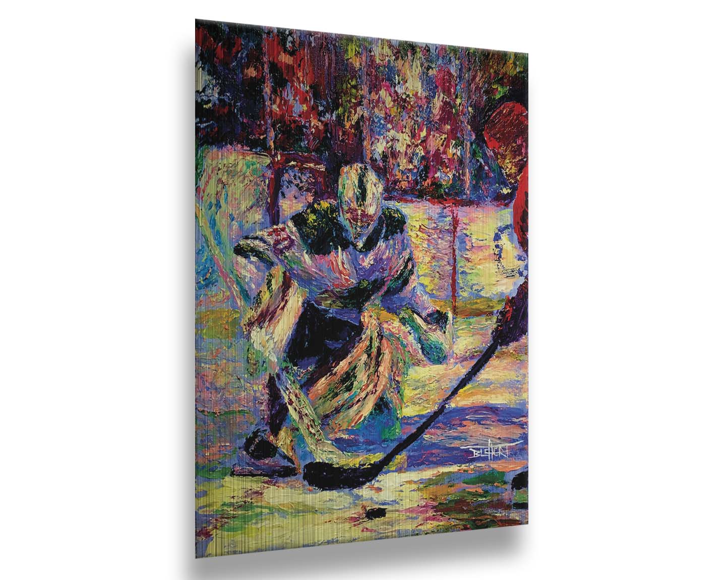 A portrait of Minnesota Wild hockey goaltender Devan Dubnyk during a game, expertly guarding the goal from an opposing team member. Printed on metal.