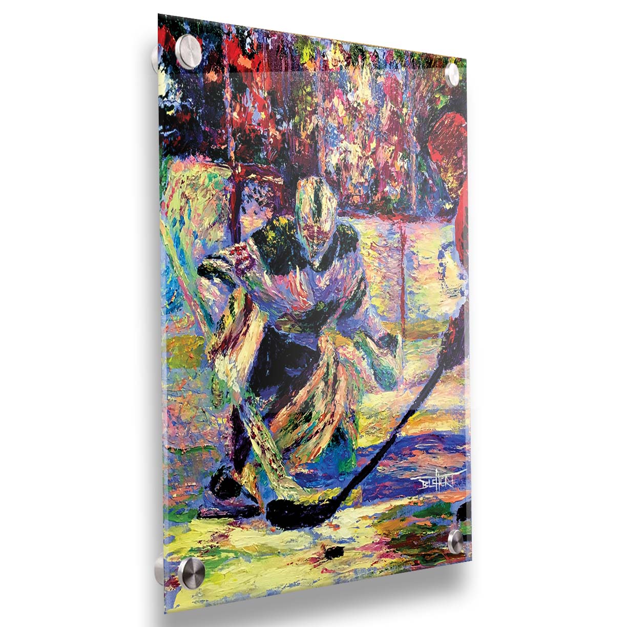 A portrait of Minnesota Wild hockey goaltender Devan Dubnyk during a game, expertly guarding the goal from an opposing team member. Printed on acrylic.