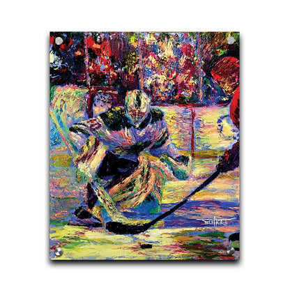 A portrait of Minnesota Wild hockey goaltender Devan Dubnyk during a game, expertly guarding the goal from an opposing team member. Printed on acrylic.