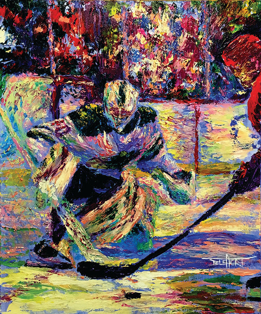 A portrait of Minnesota Wild hockey goaltender Devan Dubnyk during a game, expertly guarding the goal from an opposing team member.