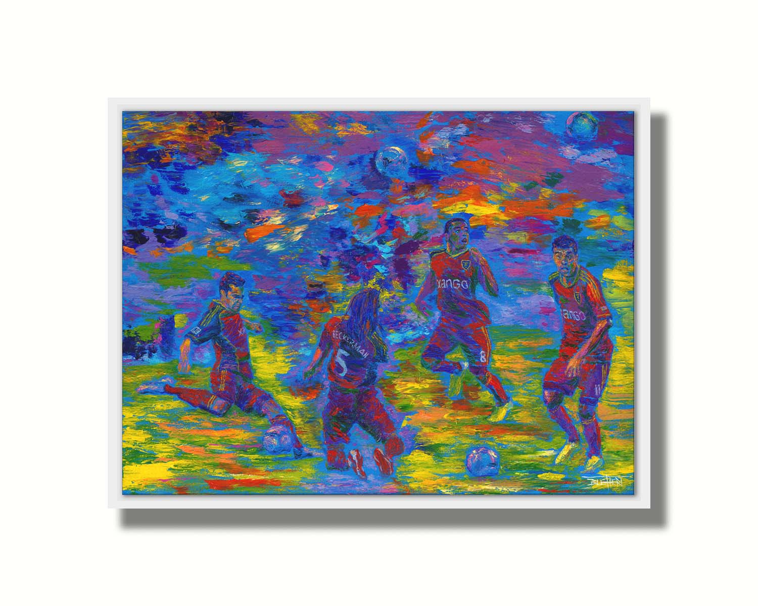 A painting collage of portraits of players from the Real Salt Lake soccer team, featuring Kyle Beckerman, JoÃ£o Plata, Javier Morales, and Tony Beltran running down the field, kicking, and heading. Printed on canvas in a float frame.