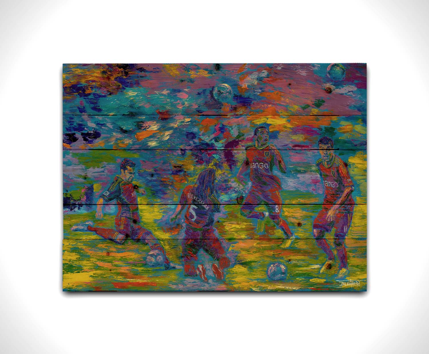 A painting collage of portraits of players from the Real Salt Lake soccer team, featuring Kyle Beckerman, JoÃ£o Plata, Javier Morales, and Tony Beltran running down the field, kicking, and heading. Printed on a wood pallet.