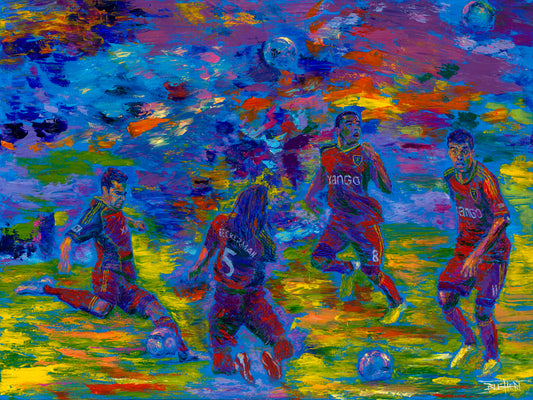A painting collage of portraits of players from the Real Salt Lake soccer team, featuring Kyle Beckerman, JoÃ£o Plata, Javier Morales, and Tony Beltran running down the field, kicking, and heading.