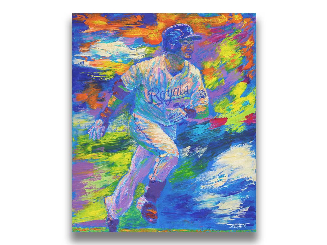 A painting of Kansas City Royals baseball player Norichika Aoki running between bases. Visible palette knife and brushstrokes emphasize the excitement and movement of the scene. Printed on canvas.