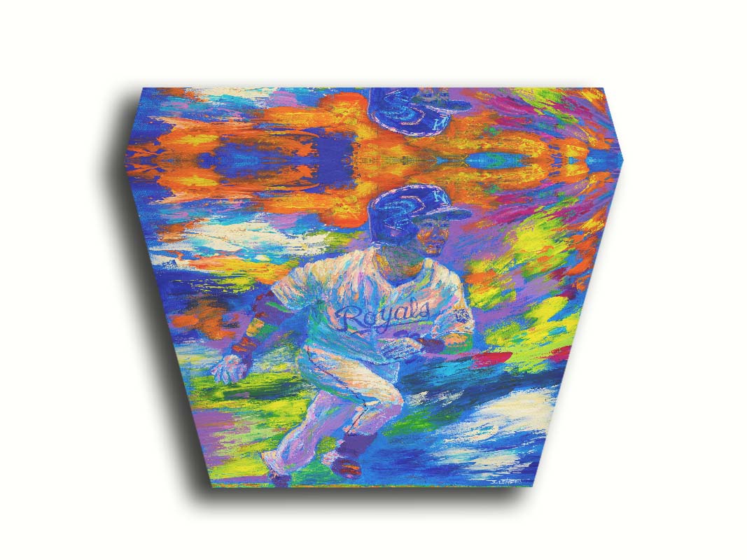 A painting of Kansas City Royals baseball player Norichika Aoki running between bases. Visible palette knife and brushstrokes emphasize the excitement and movement of the scene. Printed on canvas.