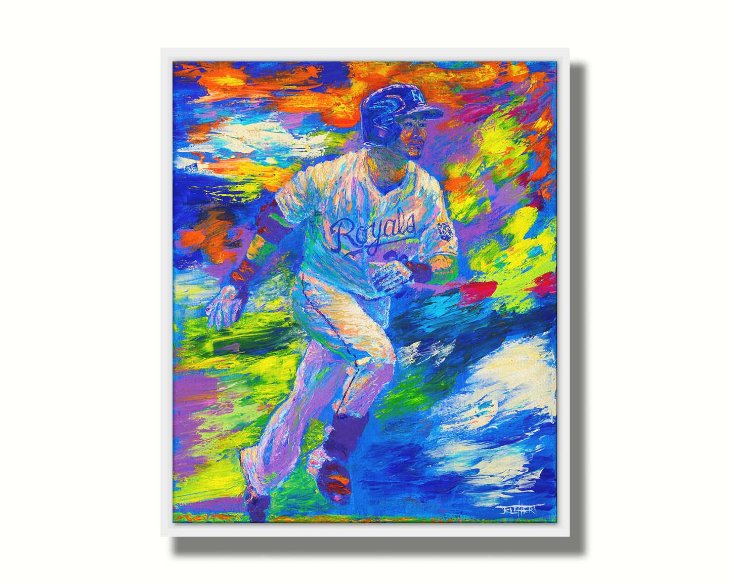 A painting of Kansas City Royals baseball player Norichika Aoki running between bases. Visible palette knife and brushstrokes emphasize the excitement and movement of the scene. Printed on canvas in a float frame.