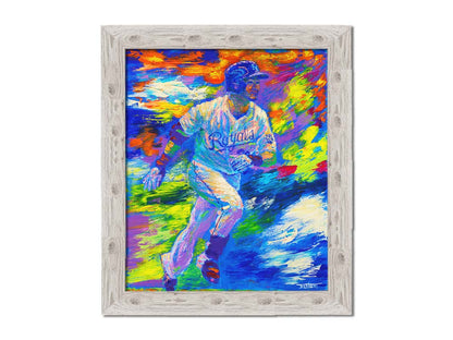 A painting of Kansas City Royals baseball player Norichika Aoki running between bases. Visible palette knife and brushstrokes emphasize the excitement and movement of the scene. Printed on canvas and framed.