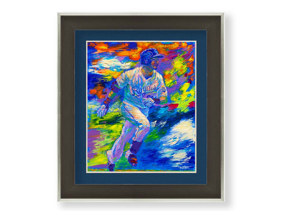 A painting of Kansas City Royals baseball player Norichika Aoki running between bases. Visible palette knife and brushstrokes emphasize the excitement and movement of the scene. Printed on paper, matted, and framed.