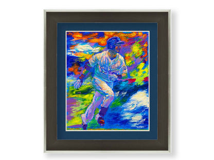 A painting of Kansas City Royals baseball player Norichika Aoki running between bases. Visible palette knife and brushstrokes emphasize the excitement and movement of the scene. Printed on paper, matted, and framed.