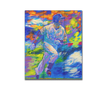 A painting of Kansas City Royals baseball player Norichika Aoki running between bases. Visible palette knife and brushstrokes emphasize the excitement and movement of the scene. Printed on a box board.