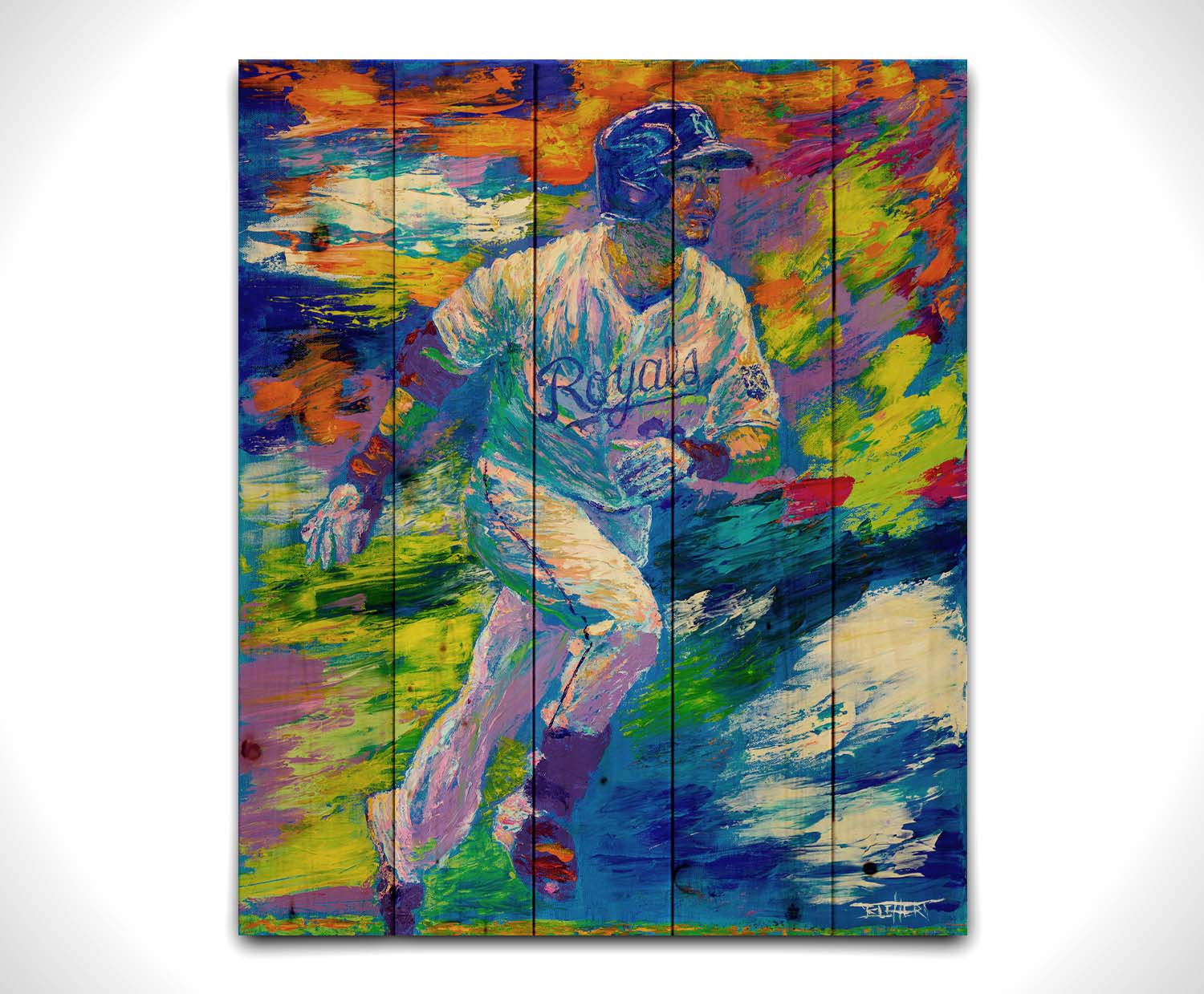 A painting of Kansas City Royals baseball player Norichika Aoki running between bases. Visible palette knife and brushstrokes emphasize the excitement and movement of the scene. Printed on a wood pallet.