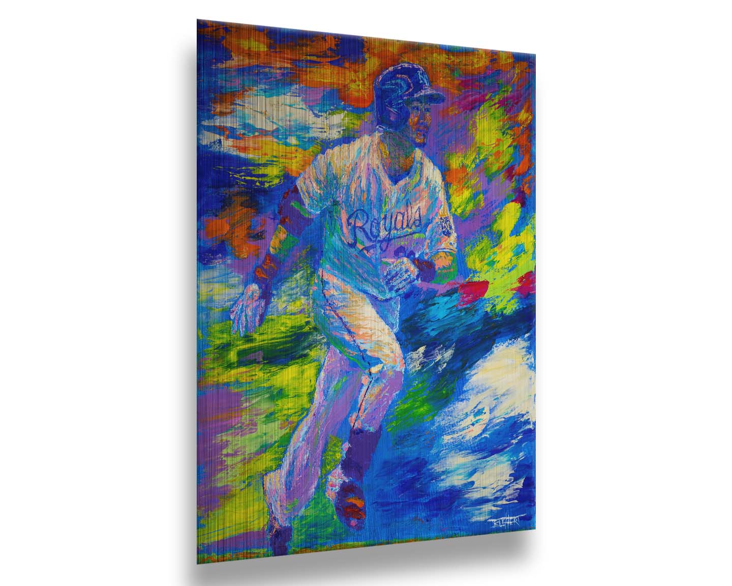 A painting of Kansas City Royals baseball player Norichika Aoki running between bases. Visible palette knife and brushstrokes emphasize the excitement and movement of the scene. Printed on metal.