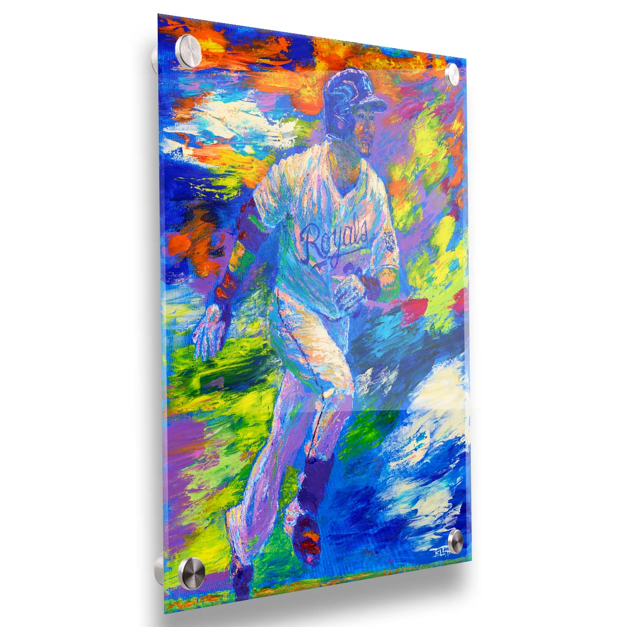 A painting of Kansas City Royals baseball player Norichika Aoki running between bases. Visible palette knife and brushstrokes emphasize the excitement and movement of the scene. Printed on acrylic.