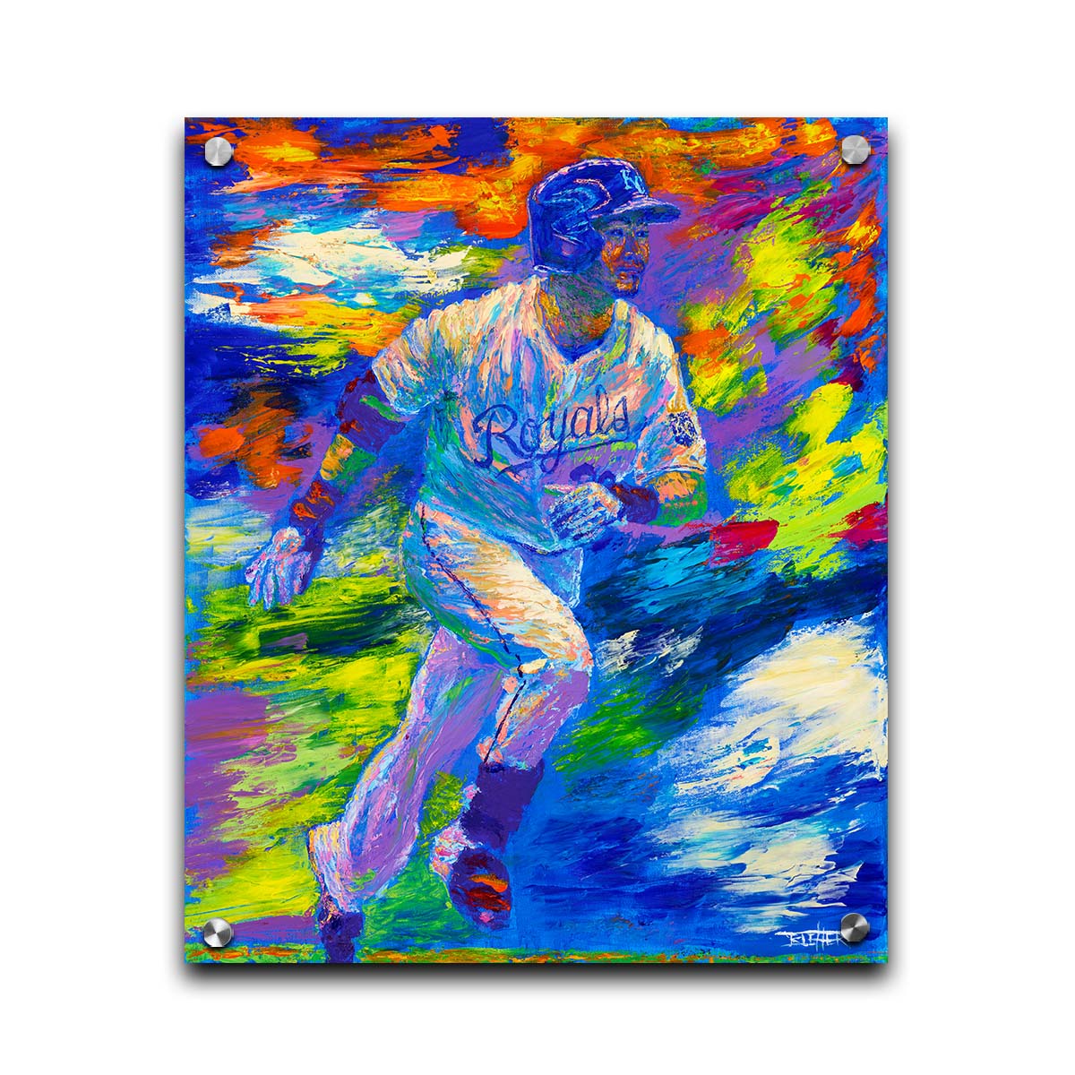 A painting of Kansas City Royals baseball player Norichika Aoki running between bases. Visible palette knife and brushstrokes emphasize the excitement and movement of the scene. Printed on acrylic.