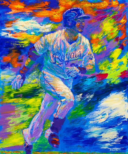 A painting of Kansas City Royals baseball player Norichika Aoki running between bases. Visible palette knife and brushstrokes emphasize the excitement and movement of the scene.