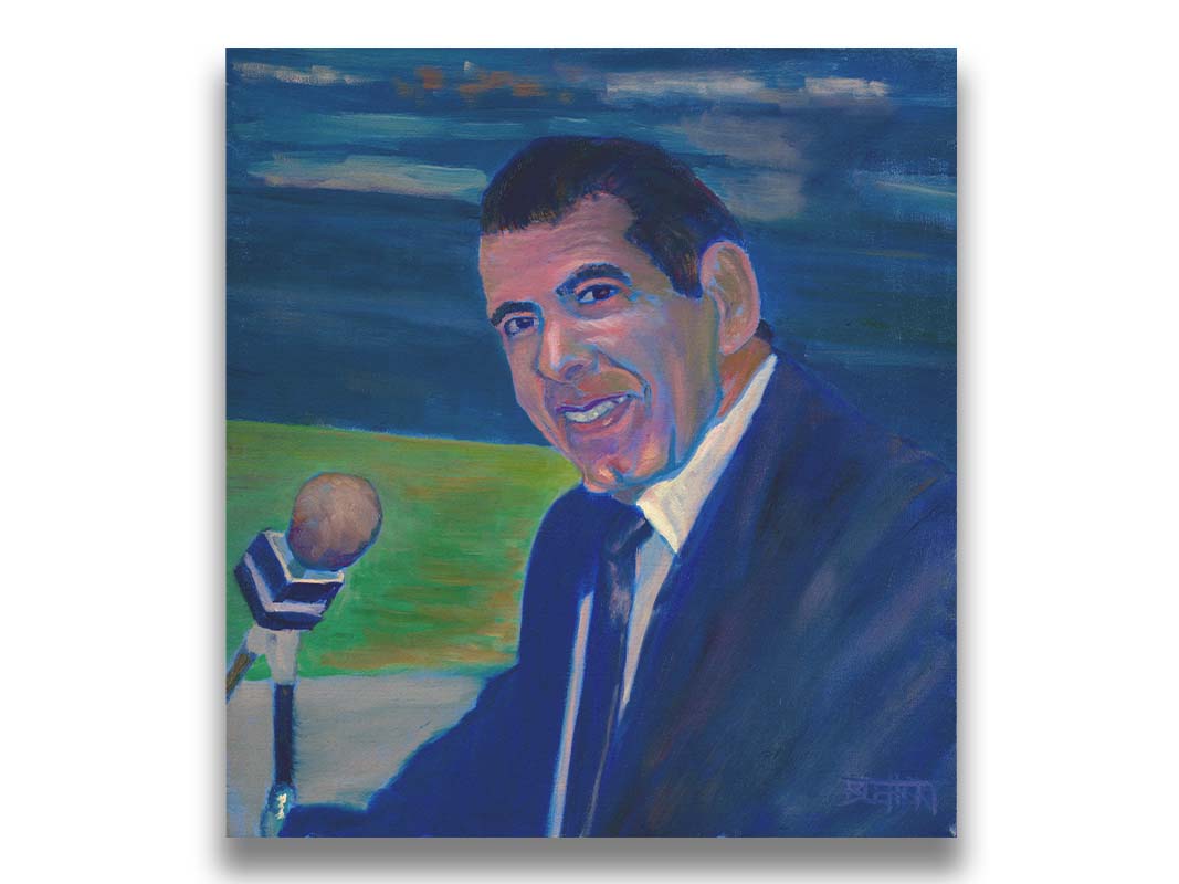 A painting of sportscaster Herb Carneal, play-by-play commentator for the MInnesota Twins baseball team. He is dressed in a suit, sitting at a microphone. Printed on canvas.