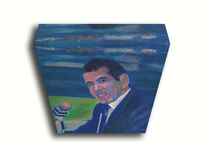 A painting of sportscaster Herb Carneal, play-by-play commentator for the MInnesota Twins baseball team. He is dressed in a suit, sitting at a microphone. Printed on canvas.