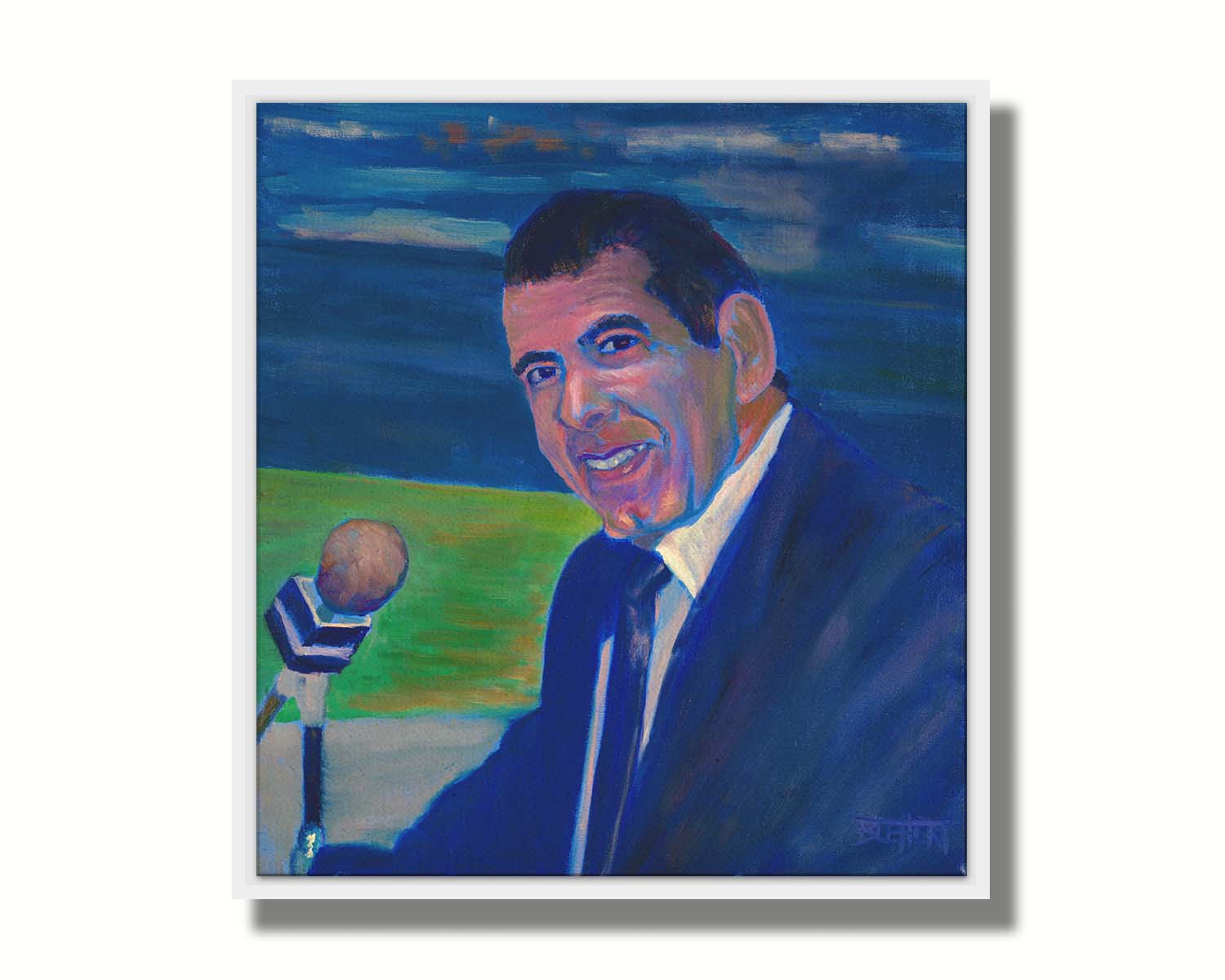 A painting of sportscaster Herb Carneal, play-by-play commentator for the MInnesota Twins baseball team. He is dressed in a suit, sitting at a microphone. Printed on canvas in a float frame.