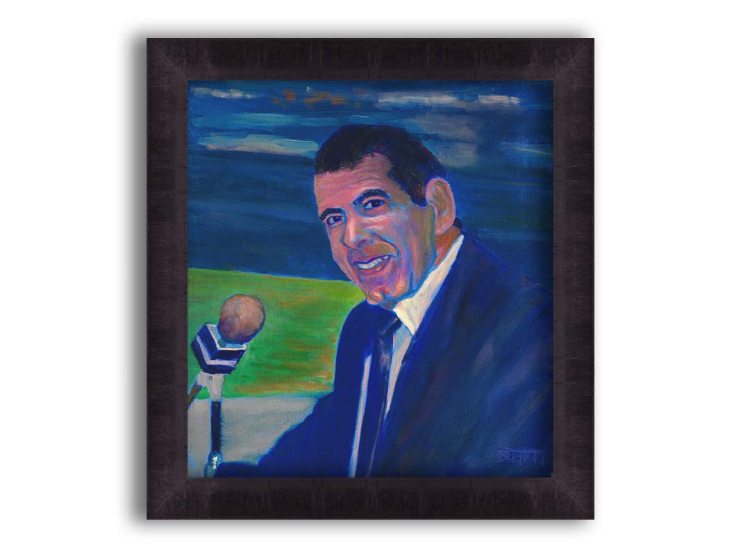 A painting of sportscaster Herb Carneal, play-by-play commentator for the MInnesota Twins baseball team. He is dressed in a suit, sitting at a microphone. Printed on canvas and framed.