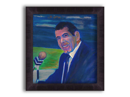 A painting of sportscaster Herb Carneal, play-by-play commentator for the MInnesota Twins baseball team. He is dressed in a suit, sitting at a microphone. Printed on canvas and framed.