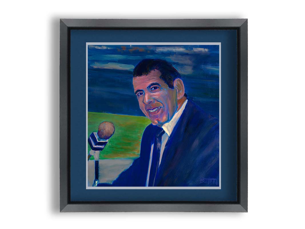 A painting of sportscaster Herb Carneal, play-by-play commentator for the MInnesota Twins baseball team. He is dressed in a suit, sitting at a microphone. Printed on paper, matted, and framed.