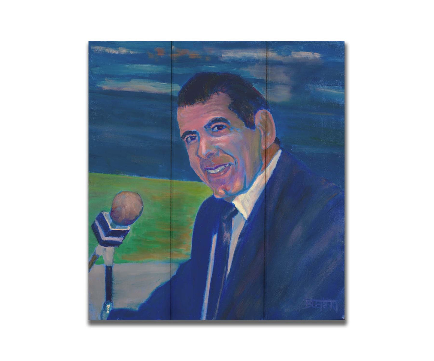 A painting of sportscaster Herb Carneal, play-by-play commentator for the MInnesota Twins baseball team. He is dressed in a suit, sitting at a microphone. Printed on a box board.