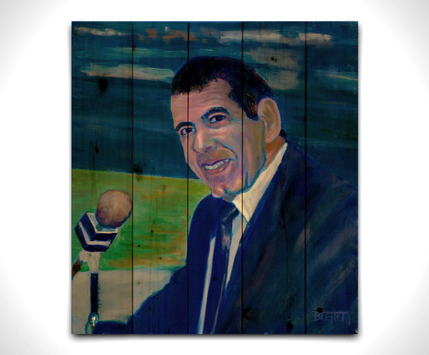 A painting of sportscaster Herb Carneal, play-by-play commentator for the MInnesota Twins baseball team. He is dressed in a suit, sitting at a microphone. Printed on a wood pallet.