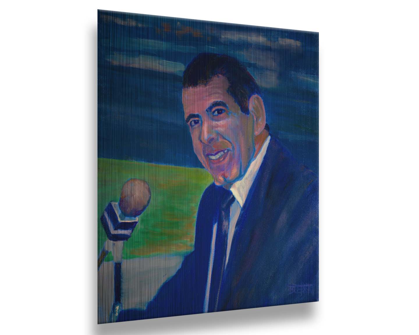 A painting of sportscaster Herb Carneal, play-by-play commentator for the MInnesota Twins baseball team. He is dressed in a suit, sitting at a microphone. Printed on metal.