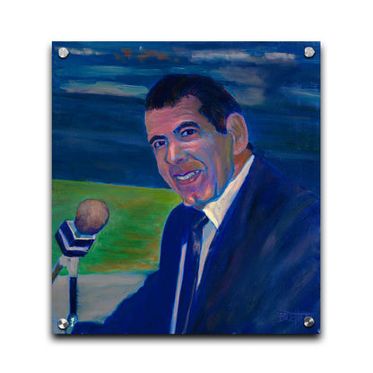 A painting of sportscaster Herb Carneal, play-by-play commentator for the MInnesota Twins baseball team. He is dressed in a suit, sitting at a microphone. Printed on acrylic.