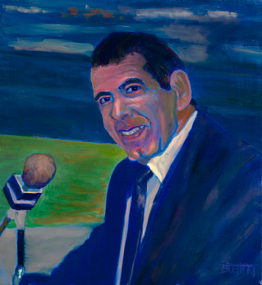 A painting of sportscaster Herb Carneal, play-by-play commentator for the MInnesota Twins baseball team. He is dressed in a suit, sitting at a microphone.