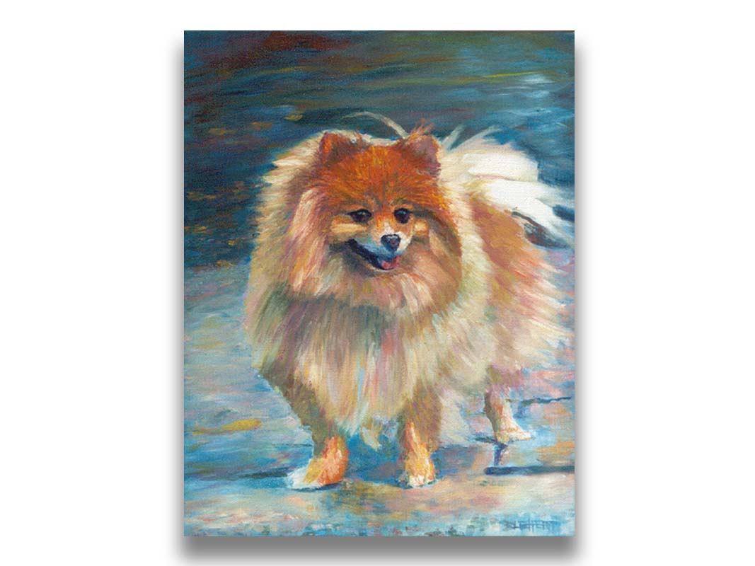 A pet portrait painting of a fluffy pomeranian dog, standing against a blue background. Printed on canvas.