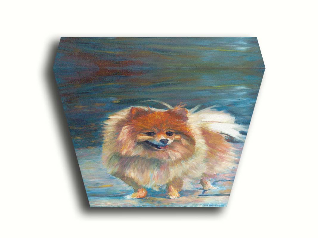 A pet portrait painting of a fluffy pomeranian dog, standing against a blue background. Printed on canvas.