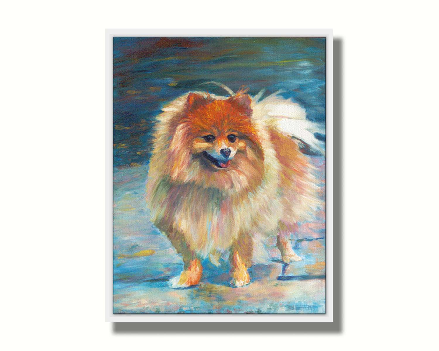 A pet portrait painting of a fluffy pomeranian dog, standing against a blue background. Printed on canvas in a float frame.