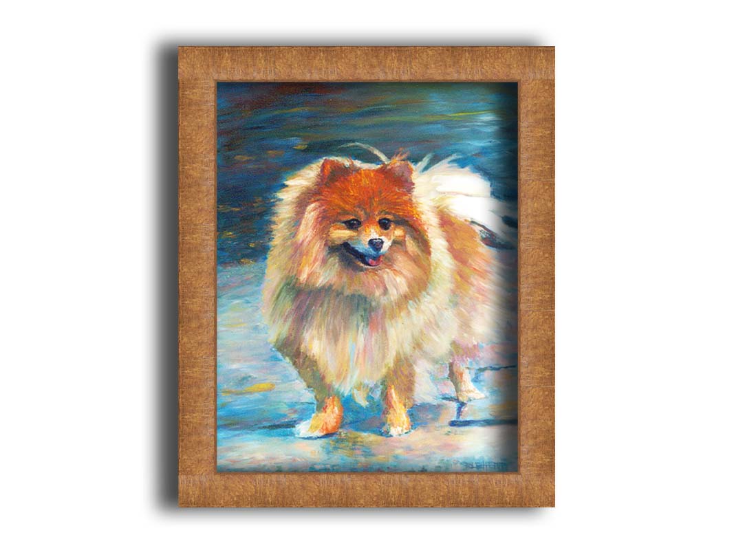 A pet portrait painting of a fluffy pomeranian dog, standing against a blue background. Printed on canvas and framed.