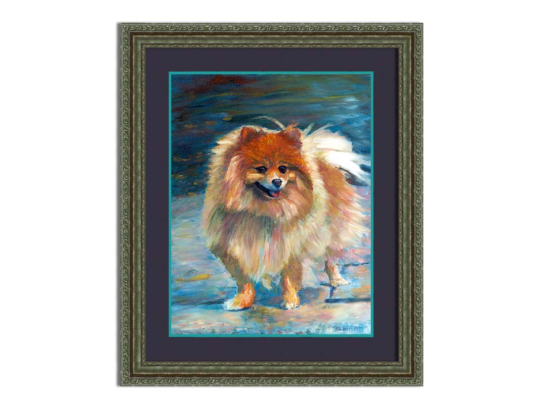 A pet portrait painting of a fluffy pomeranian dog, standing against a blue background. Printed on paper, matted, and framed.