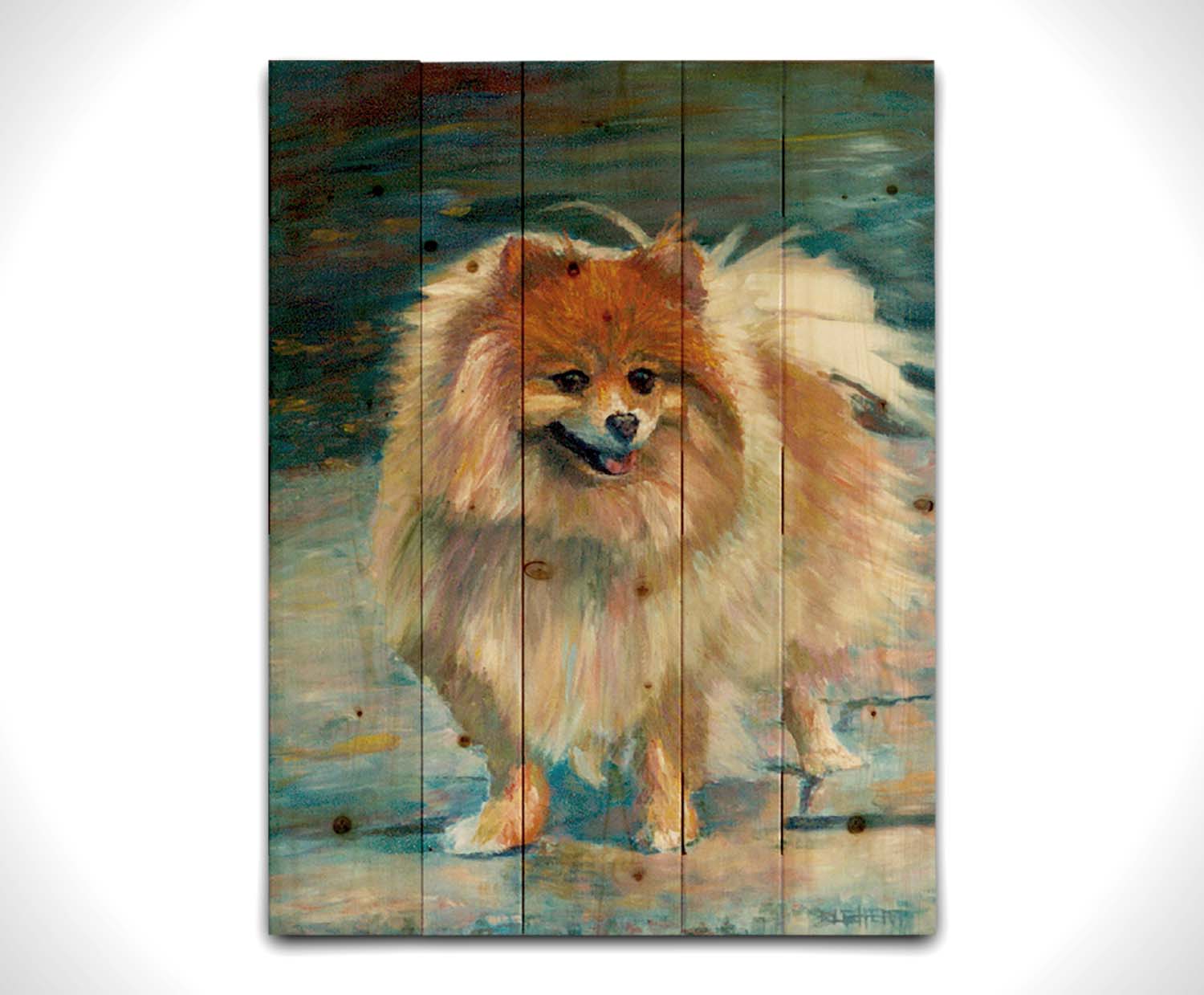 A pet portrait painting of a fluffy pomeranian dog, standing against a blue background. Printed on a wood pallet.