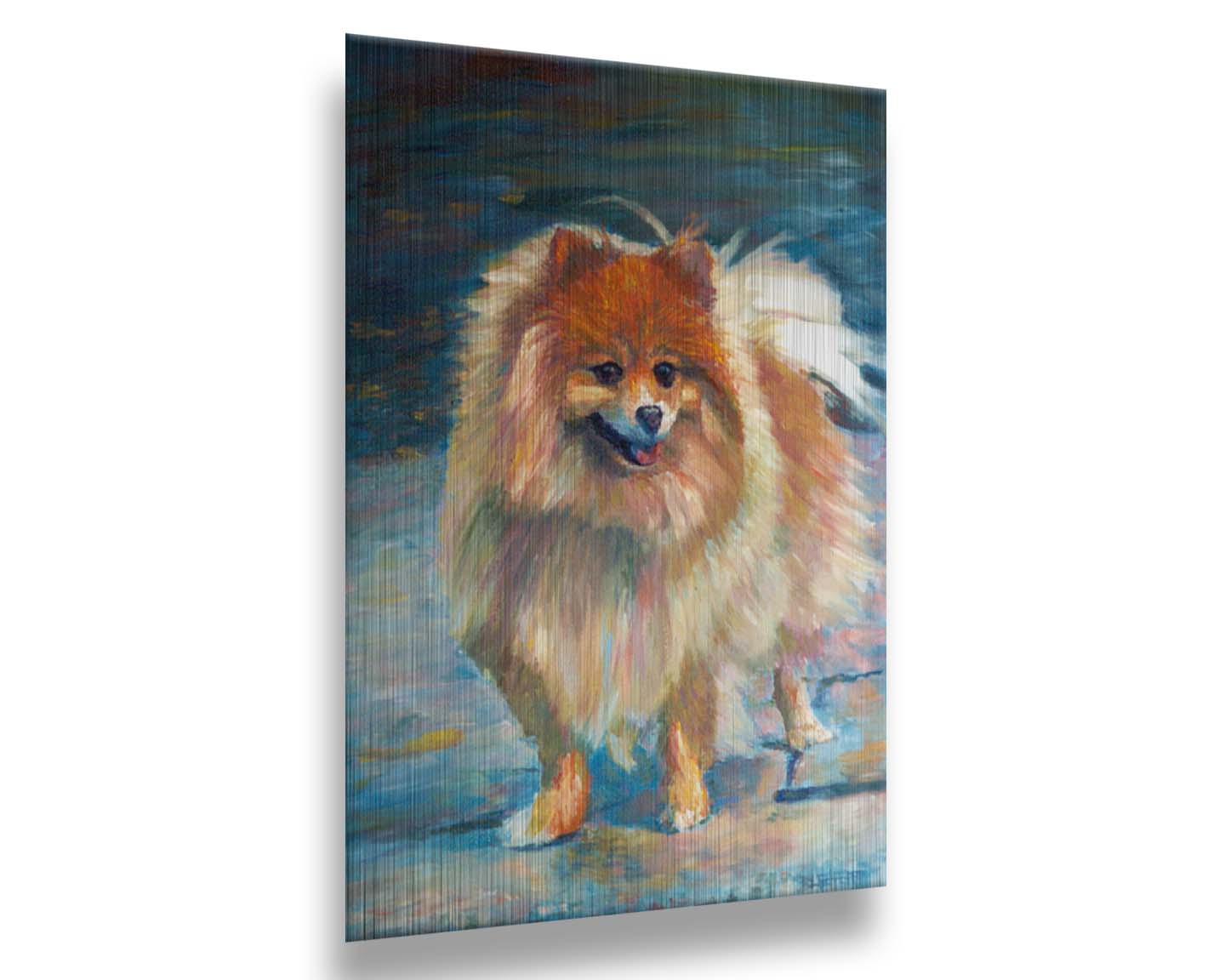 A pet portrait painting of a fluffy pomeranian dog, standing against a blue background. Printed on metal.