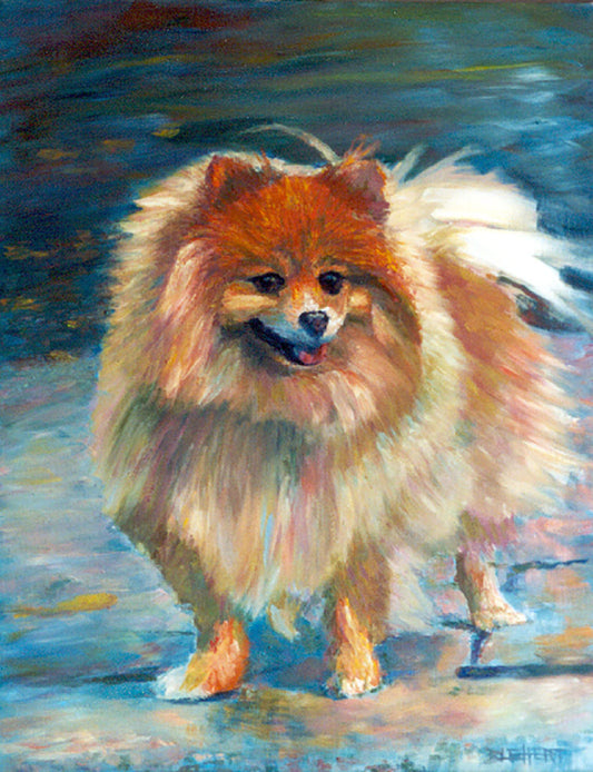 A pet portrait painting of a fluffy pomeranian dog, standing against a blue background. 