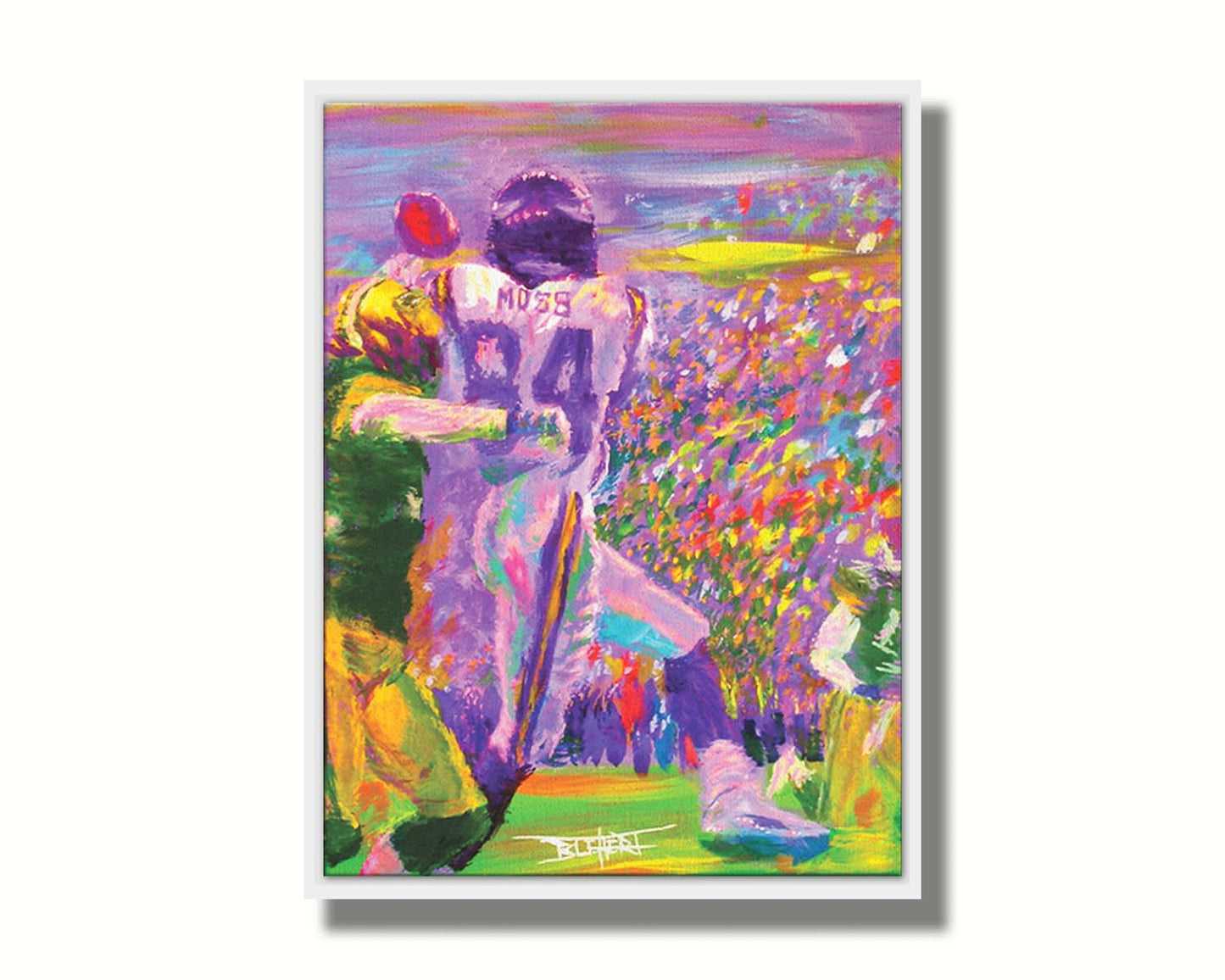 A painting of football wide reciever Randy Moss of the MInnesota Vikings making a catch, in a game against the Green Bay Packers. Printed on canvas in a float frame.