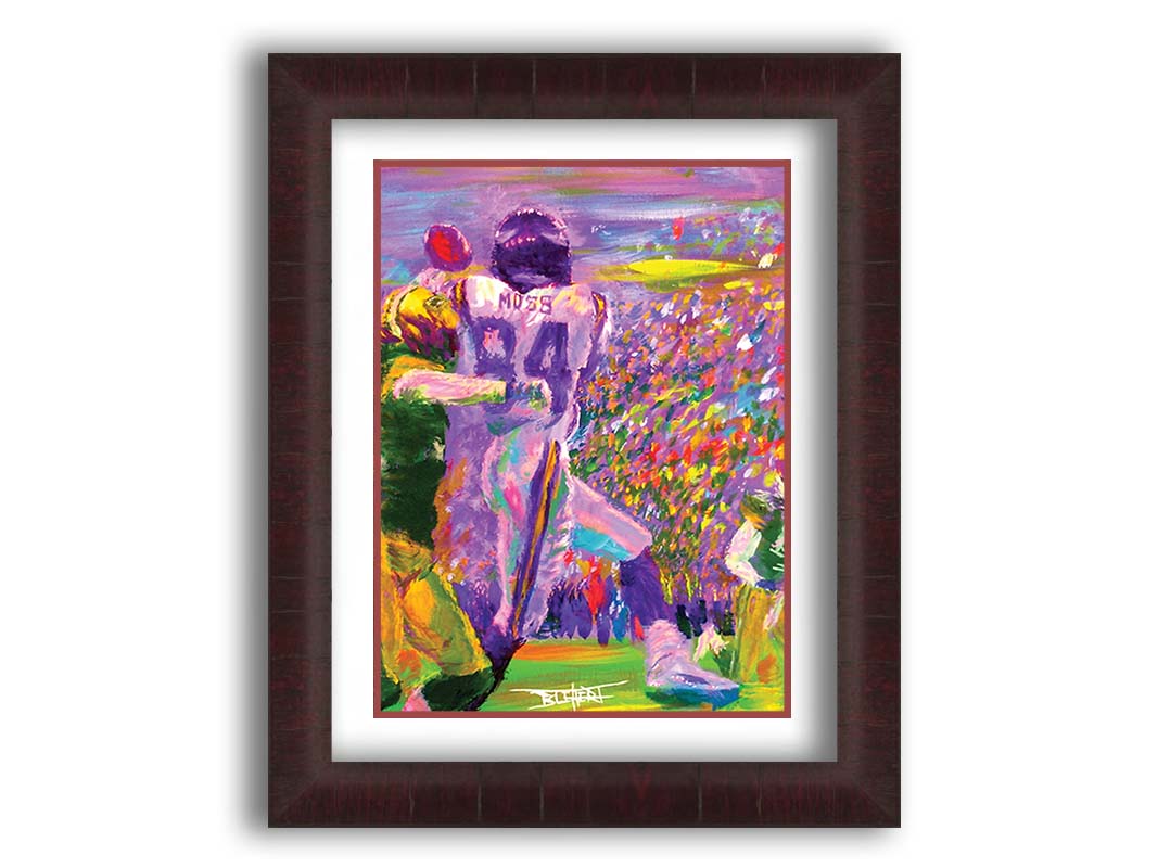 A painting of football wide reciever Randy Moss of the MInnesota Vikings making a catch, in a game against the Green Bay Packers. Printed on paper, matted, and framed.